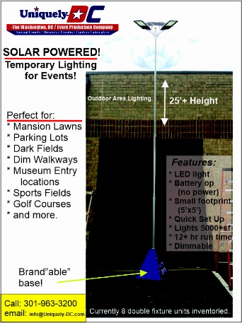 Washington DC Outdoor Portable Solar Powered Lighting Poles- no generators needed for National Mall Events.