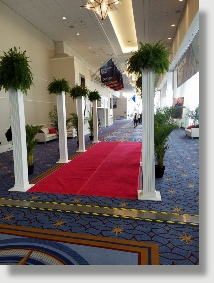 White columms with red carpet and lush foliage as a featured entry to the Dinner with the Presidents