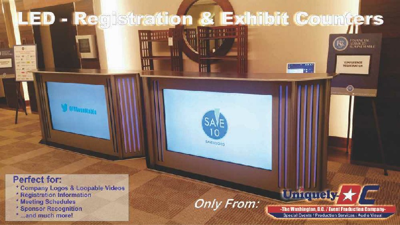 LED registration counters, exhibit counter rentals, LED sponsor bars in Washington DC and Maryland from Uniquely DC.